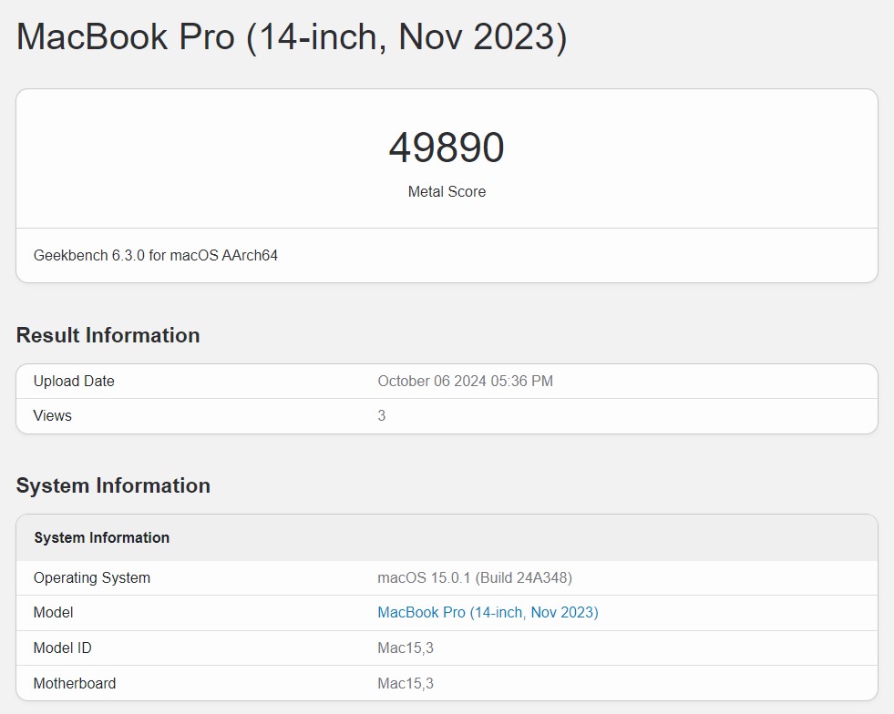 M3 MacBook Pro Geekbench 6 Metal 3